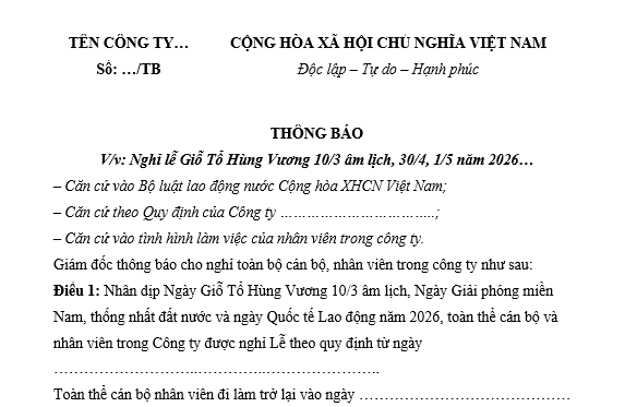 mẫu thông báo lịch nghỉ Giỗ Tổ Hùng Vương, 30/4 và 1/5 cho nhân viên
