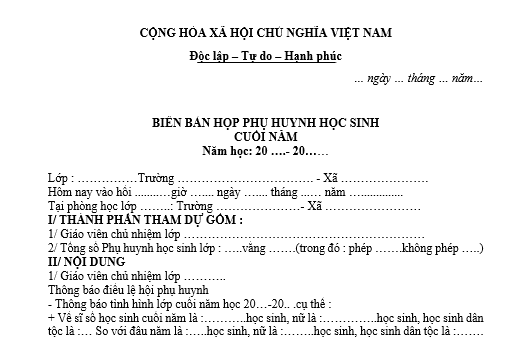 mẫu biên bản họp phụ huynh học sinh cuối kỳ 2 năm học 2025 - 2026