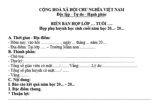 mẫu biên bản họp phụ huynh học sinh cuối kỳ 2 năm học 2025 - 2026