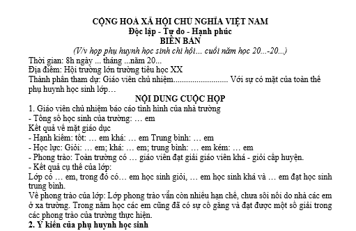 mẫu biên bản họp phụ huynh học sinh cuối kỳ 2 năm học 2025 - 2026