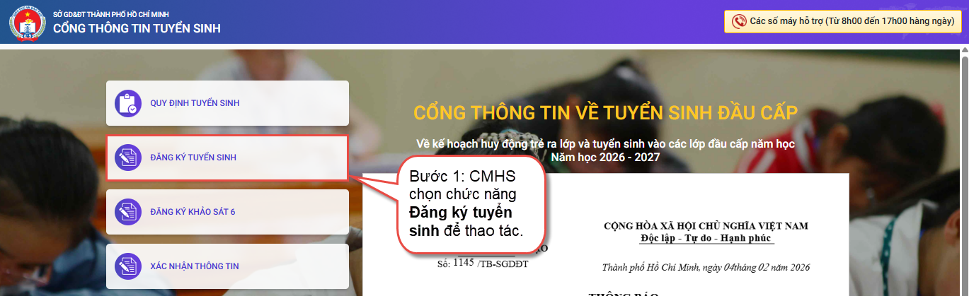 Hướng dẫn đăng ký tuyển sinh đầu cấp lớp 1, 6 TPHCM tại https tuyensinhdaucap hcm edu vn