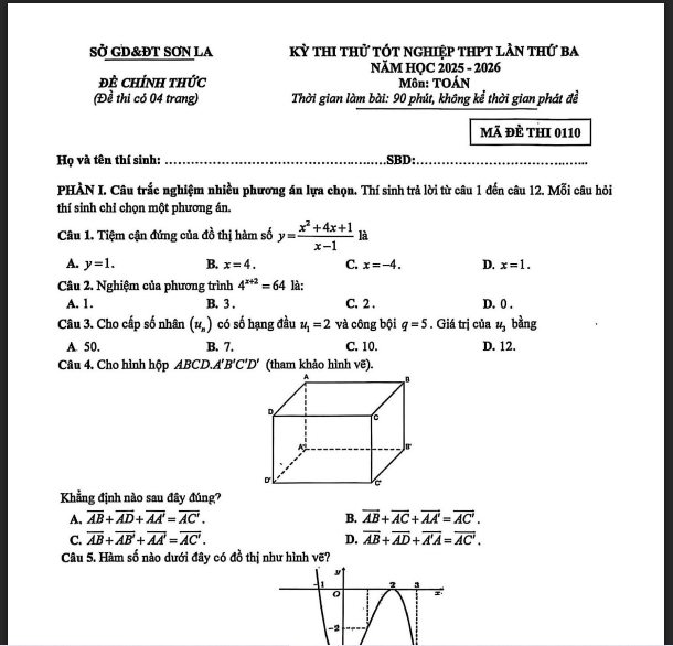 Đề thi thử tốt nghiệp THPT 2026 môn Toán lần ba của sở Giáo dục và Đào tạo tỉnh Sơn La (Mã đề 0110)
