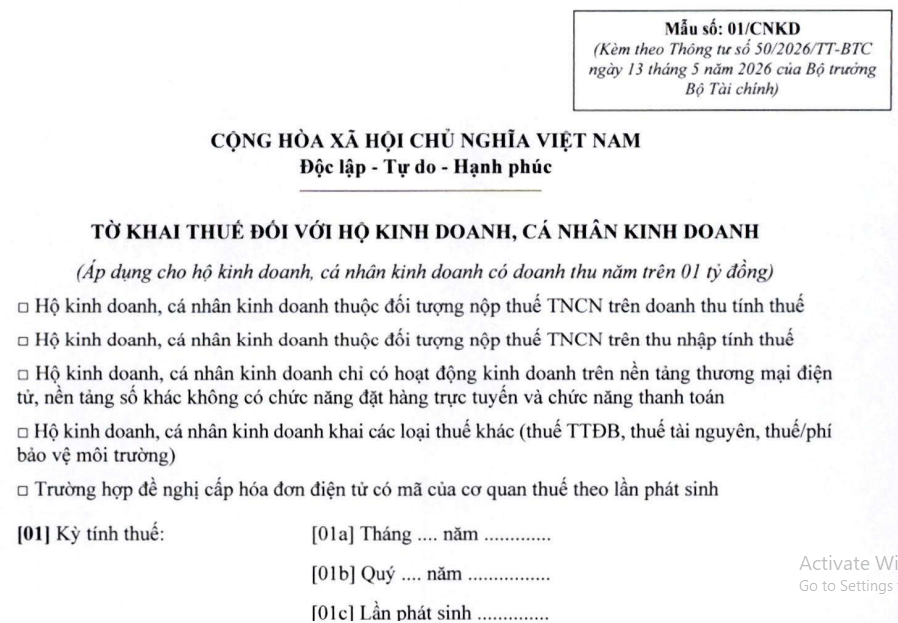 Hướng dẫn kê khai mẫu 01/CNKD mới nhất 2026