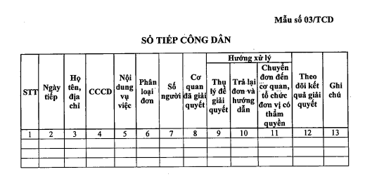 Mẫu số 03 TCD - Mẫu sổ tiếp công dân mới nhất 2026