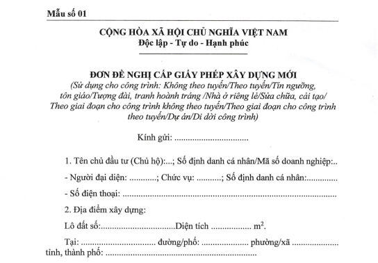 Mẫu số 01 Đơn đề nghị cấp giấy phép xây dựng mới từ 01/7/2026