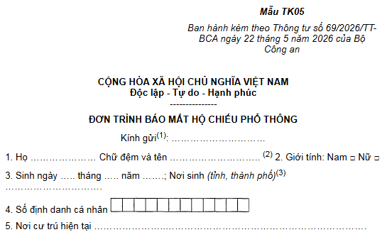 Mẫu TK05 Đơn trình báo mất hộ chiếu phổ thông mới nhất từ 01/7/2026