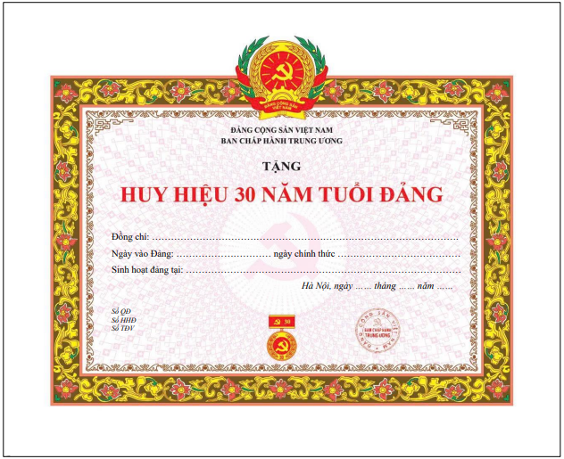 Giấy chứng nhận tặng Huy hiệu 30 năm tuổi Đảng