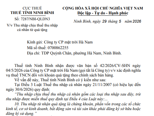 TOÀN VĂN Công văn 7287 NBI QLDN3 2026 Hướng dẫn thu nhập chịu thuế TNCN từ quà tặng
