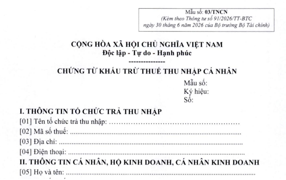 Tải Mẫu 03 TNCN Mẫu chứng từ khấu trừ thuế TNCN mới nhất 2026 chuẩn TT 91 2026 của BTC