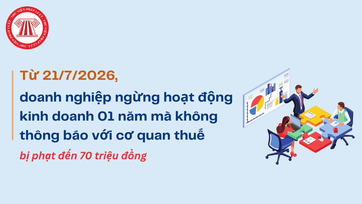 Từ 21/7/2026, doanh nghiệp ngừng hoạt động kinh doanh 01 năm mà không thông báo với cơ quan thuế bị phạt đến 70 triệu đồng 