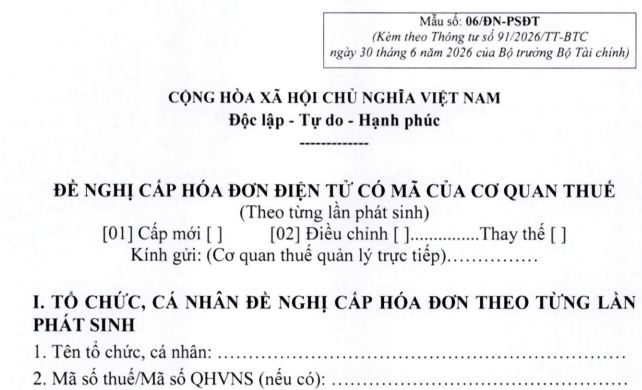 TẢI Mẫu số 06/ĐN-PSĐT Đơn đề nghị cấp hoá đơn điện tử có mã của cơ quan thuế mới nhất 2026 theo TT 91 2026