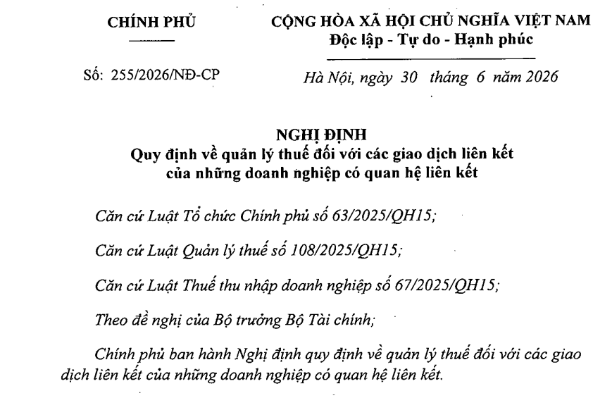 TOÀN VĂN Nghị định 255 2026 NĐ CP Quản lý thuế với các giao dịch liên kết mới nhất 2026