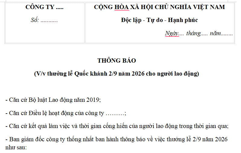 FILE MẪU thông báo thưởng lễ 2 9 2026 cho nhân viên? Lễ Quốc Khánh 2 9 2026 có bắt buộc thưởng cho nhân viên không?