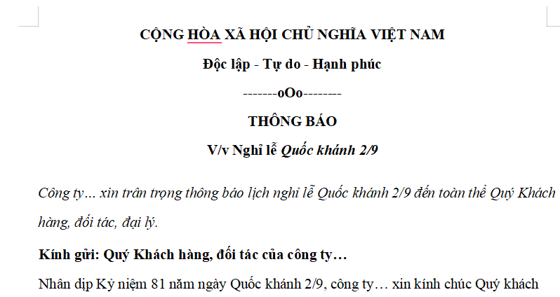 FILE MẪU Thông báo nghỉ lễ 2 9 2026 cho khách hàng, đối tác thế nào? Lịch nghỉ lễ 2 9 2026 chi tiết ra sao?