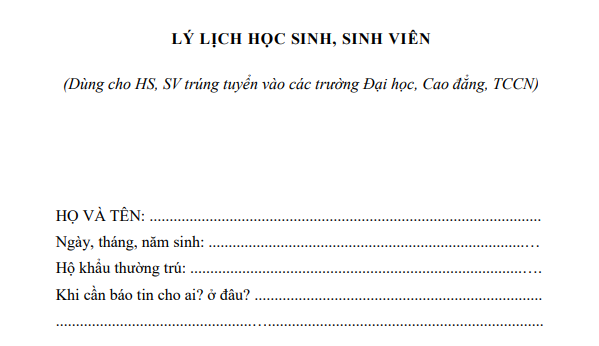 Mẫu SƠ YẾU LÝ LỊCH NHẬP HỌC Đại học 2026