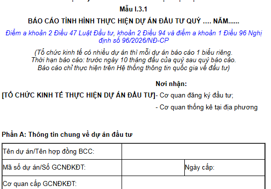 LINK NỘP Báo cáo tình hình thực hiện dự án đầu tư Quý 3/2026? Báo cáo tình hình thực hiện dự án đầu tư nộp ở đâu?