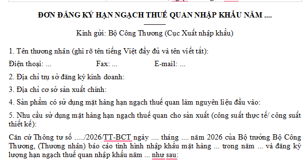 Phụ lục V Mẫu đơn đăng ký hạn ngạch thuế quan nhập khẩu theo Thông tư 48 2026