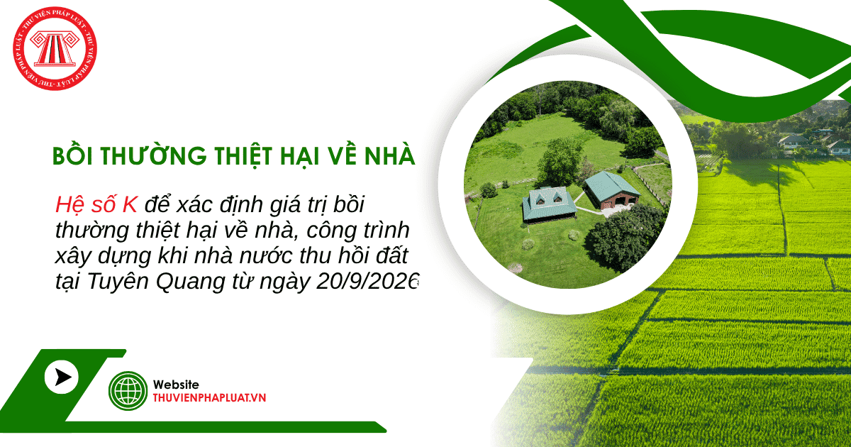 Hệ số K để xác định giá trị bồi thường thiệt hại về nhà, công trình xây dựng khi nhà nước thu hồi đất tại Tuyên Quang từ ngày 20/9/2026