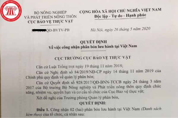 Xin cấp lại Quyết định công nhận phân bón lưu hành tại Việt Nam bao lâu được nhận kết quả?