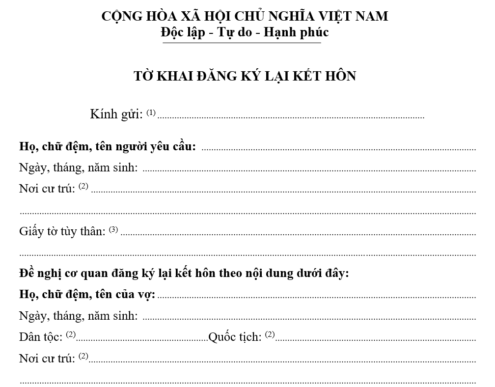 Dưới đây là Mẫu tờ khai đăng ký lại kết hôn mới nhất năm 2024