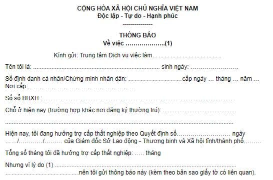 thông báo của người lao động với trung tâm dịch vụ việc làm khi thuộc một trong các trường hợp chấm dứt hưởng trợ cấp thất nghiệp