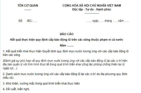 Mẫu báo cáo kết quả thực hiện quy định cấp báo động lũ trên các sông thuộc phạm vi cả nước