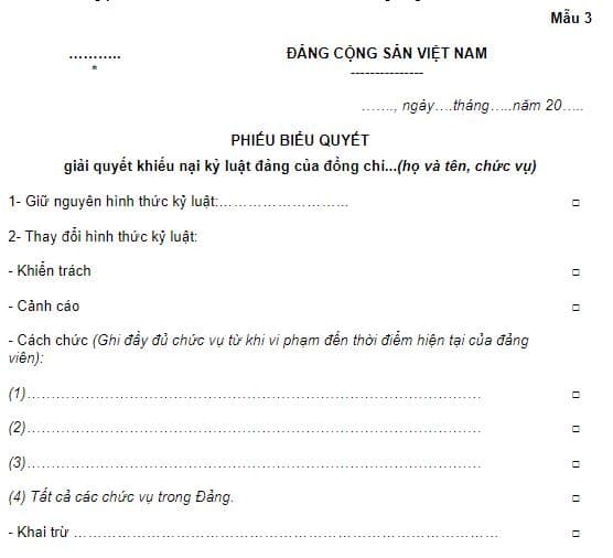 Mẫu 3 phiếu biểu quyết giải quyết khiếu nại kỷ luật đảng của đồng chí