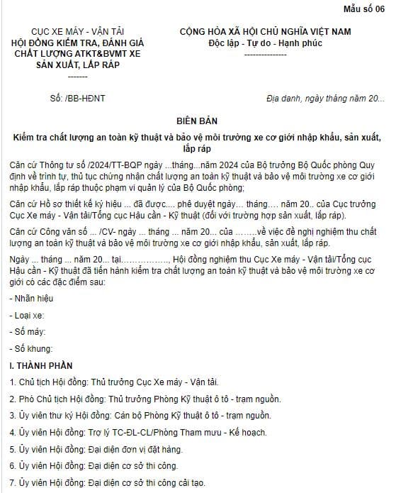  biên bản kiểm tra chất lượng an toàn kỹ thuật và bảo vệ môi trường xe cơ giới nhập khẩu, sản xuất, lắp ráp