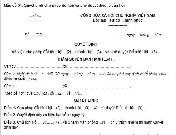 Mẫu số 04 quyết định cho phép đổi tên hội và phê duyệt điều lệ (sửa đổi, bổ sung) hội từ 26/11/2024?