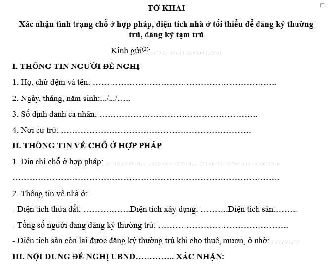 Mẫu tờ khai xác nhận tình trạng chỗ ở hợp pháp, diện tích nhà ở tối thiểu để đăng ký thường trú, đăng ký tạm trú