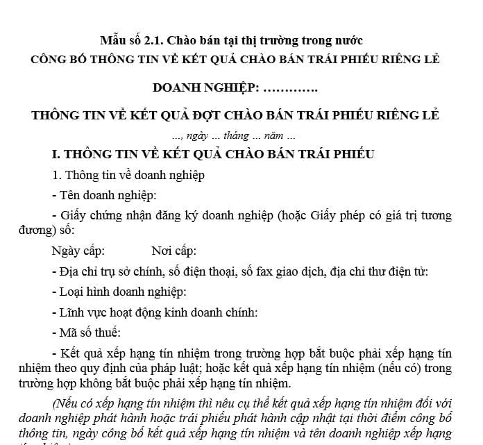 Mẫu công bố thông tin về kết quả chào bán trái phiếu đối với chào bán trái phiếu riêng lẻ tại thị trường trong nước