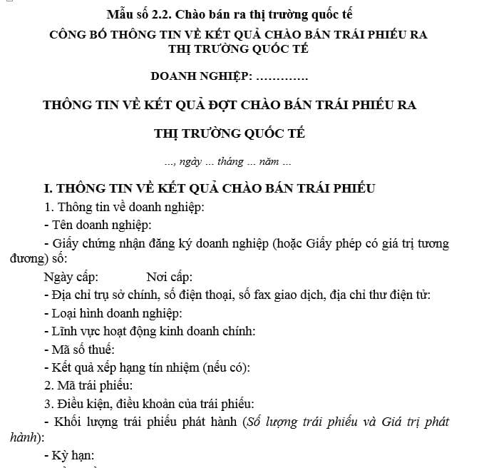 Mẫu công bố thông tin về kết quả chào bán trái phiếu đối với chào bán trái phiếu ra thị trường quốc tế