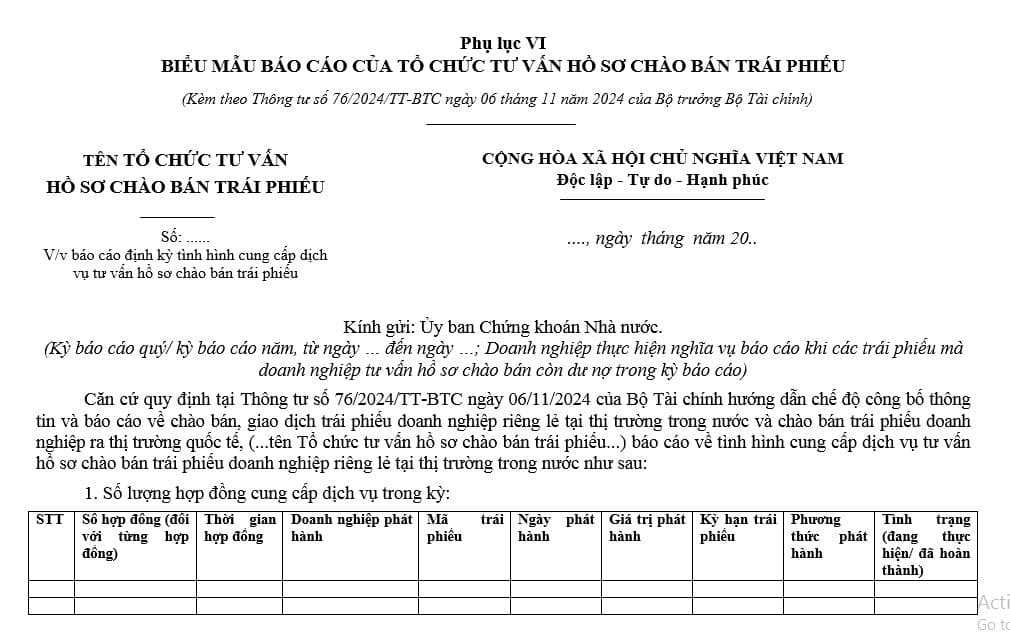 Biểu mẫu báo cáo của tổ chức tư vấn hồ sơ chào bán trái phiếu riêng lẻ mới nhất?