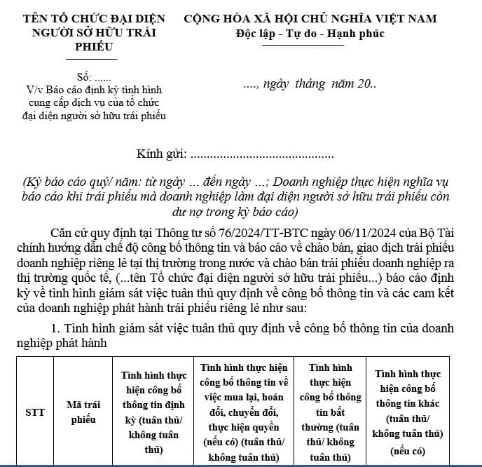 Mẫu báo cáo định kỳ của tổ chức đại diện người sở hữu trái phiếu