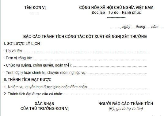 Mẫu báo cáo thành tích công tác đột xuất đề nghị xét thưởng của Bộ Nội vụ