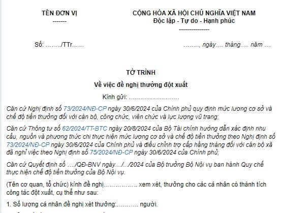 Mẫu tờ trình về việc đề nghị thưởng đột xuất của Bộ Nội vụ