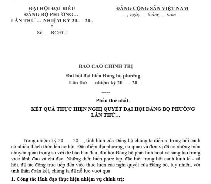 Mẫu Báo cáo chính trị đại hội đảng bộ phường nhiệm kỳ 2025-2030