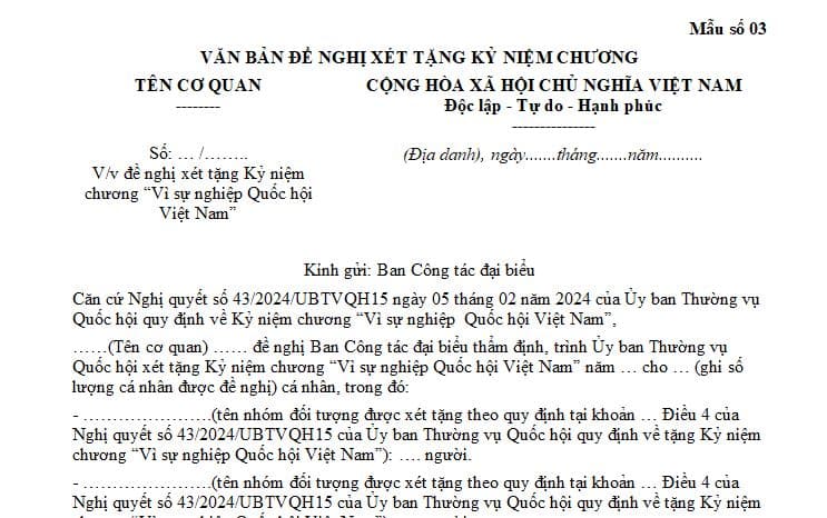 Mẫu văn bản đề nghị xét tặng Kỷ niệm chương Vì sự nghiệp Quốc hội Việt Nam?