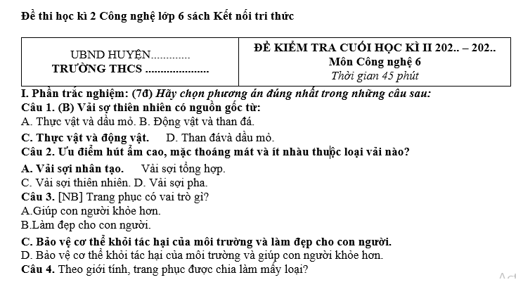 Câu Hỏi Trắc Nghiệm Hoạt Động Trải Nghiệm Lớp 6 - Kết Nối Tri Thức