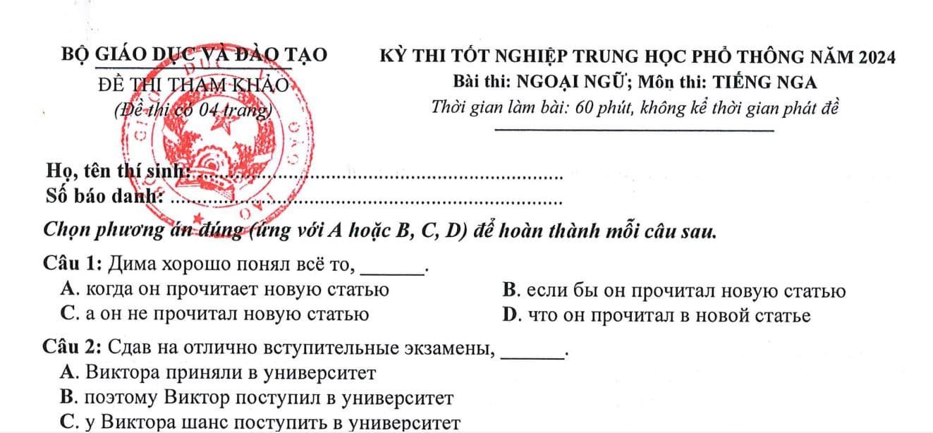 Đề thi tham khảo môn Tiếng Nga kỳ thi THPTQG năm 2024.