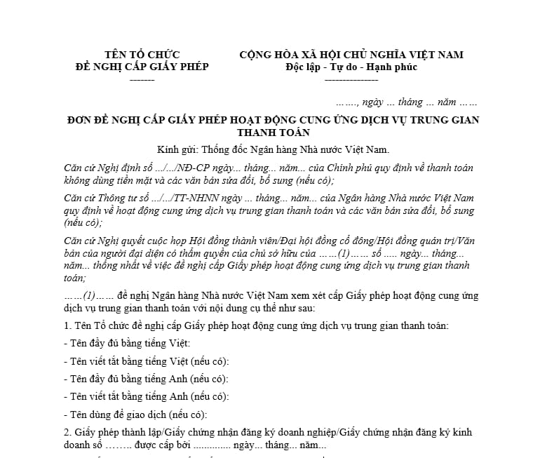 Mẫu đơn đề nghị cấp Giấy phép hoạt động cung ứng dịch vụ trung gian thanh toán áp dụng từ 01/7/2024?