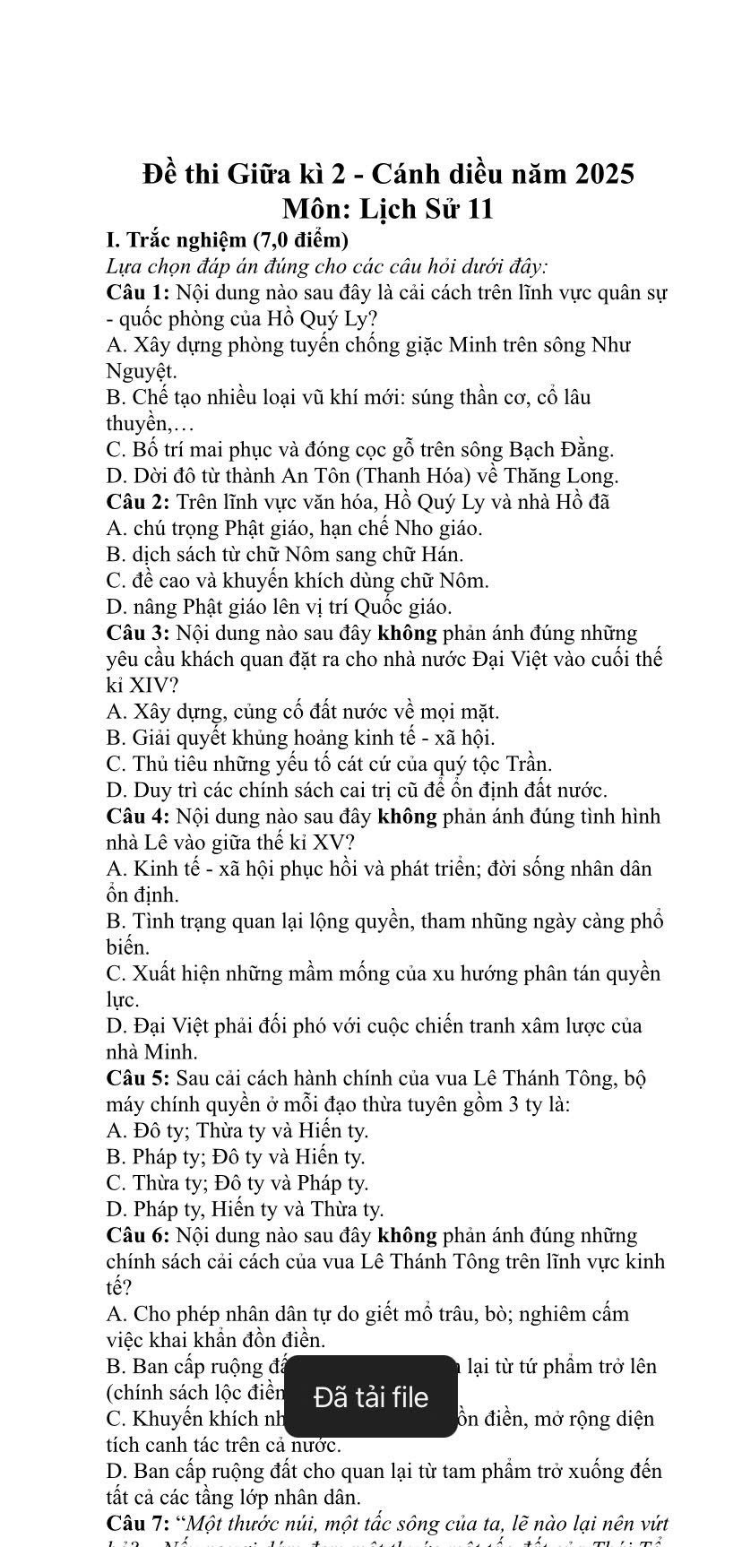 Đề thi giữa kì 2 môn sử 11 2025 Cánh diều có lời giải?