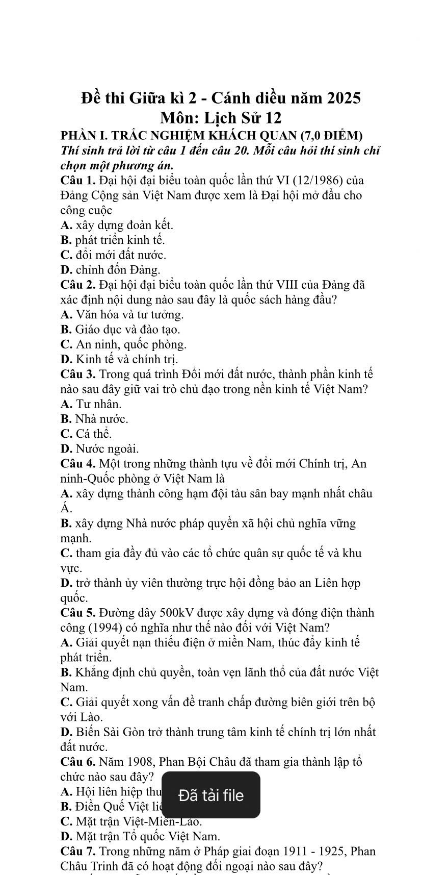 Đề thi giữa kì 2 môn sử 12 2025 Cánh diều có lời giải?