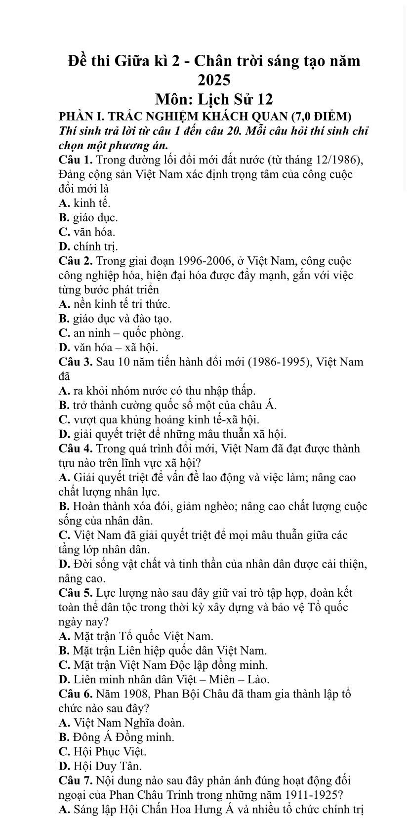 Đề thi giữa kì 2 môn sử 12 2025 Chân trời sáng tạo có lời giải?