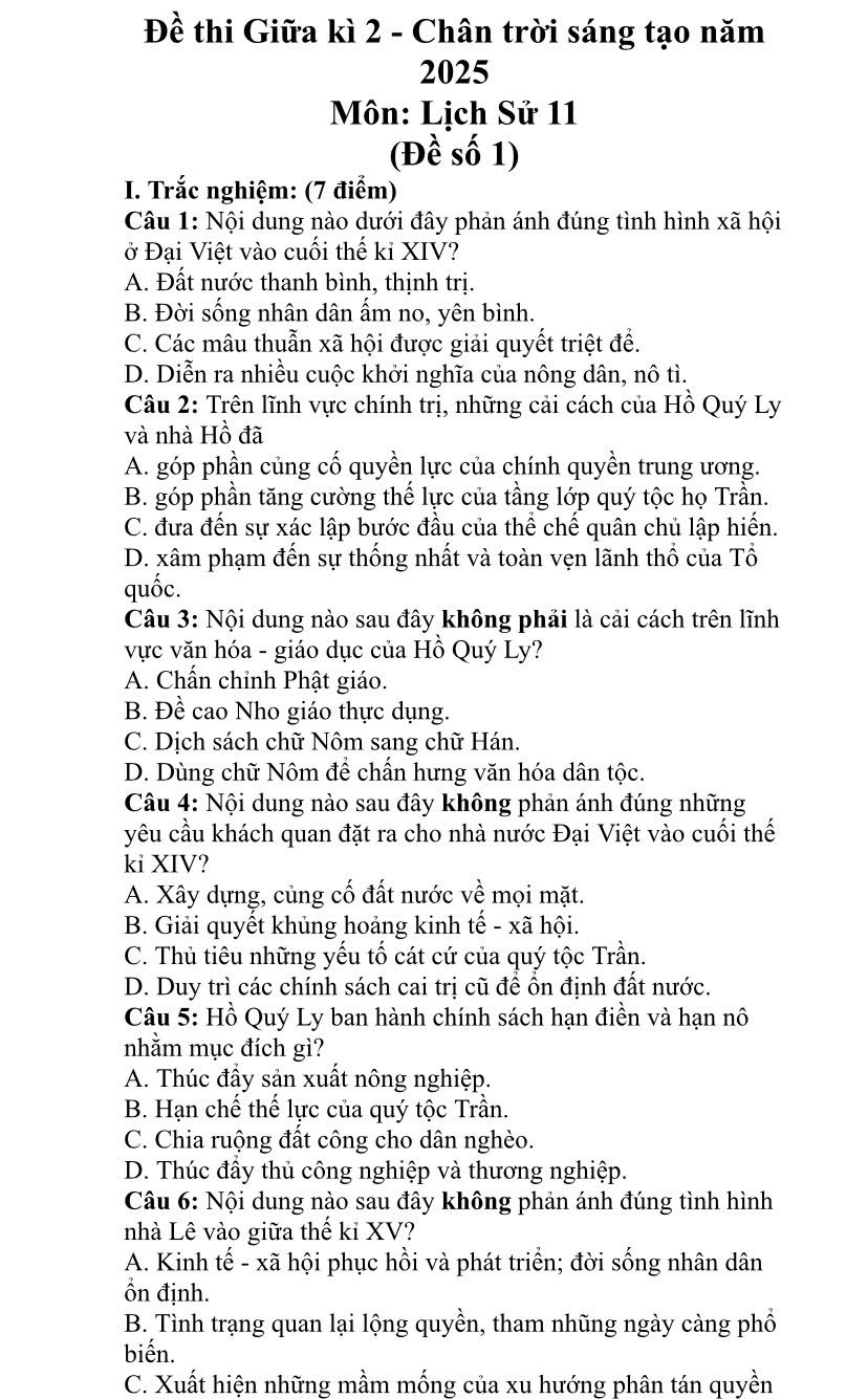 Đề thi giữa kì 2 môn sử 11 2025 Chân trời sáng tạo có lời giải?