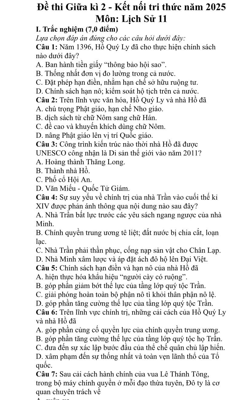 Đề thi giữa kì 2 môn sử 11 2025 Kết nối tri thức có lời giải?