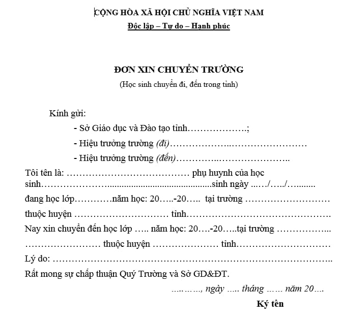 Mẫu đơn xin chuyển trường cho học sinh THCS mới nhất 2025?