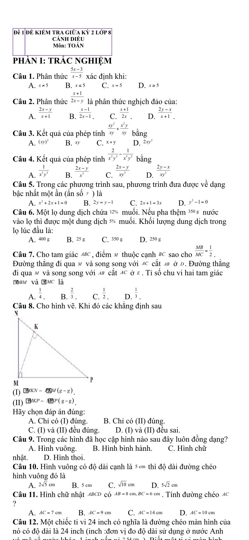 Đề thi giữa kì 2 môn Toán lớp 8 Cánh diều có lời giải?