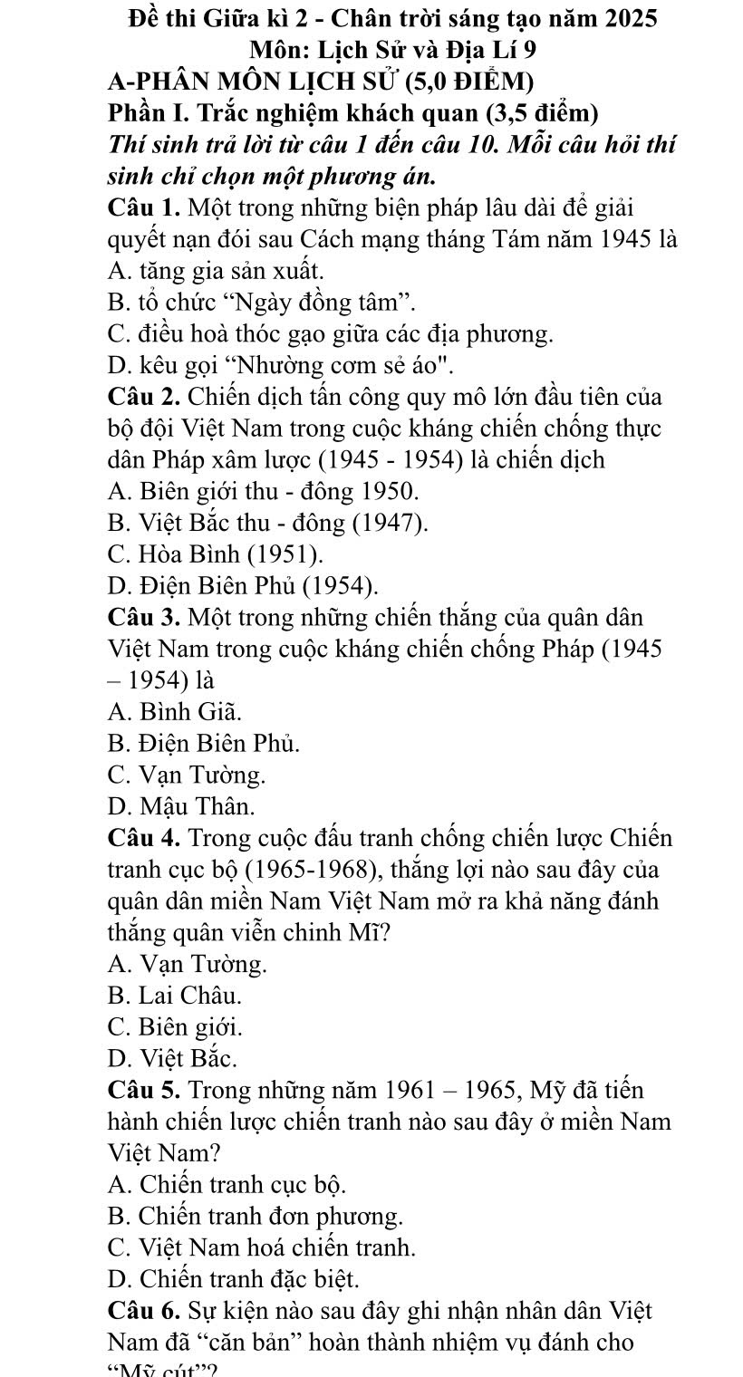 Đề thi giữa kì 2 lớp 9 môn Sử Địa Chân trời sáng tạo mới nhất?