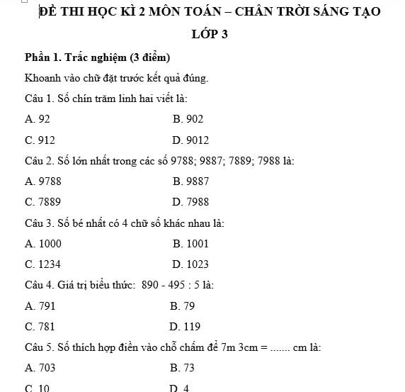 Đề thi học kì 2 môn Toán lớp 3 Chân trời sáng tạo có lời giải, chi tiết 2025?